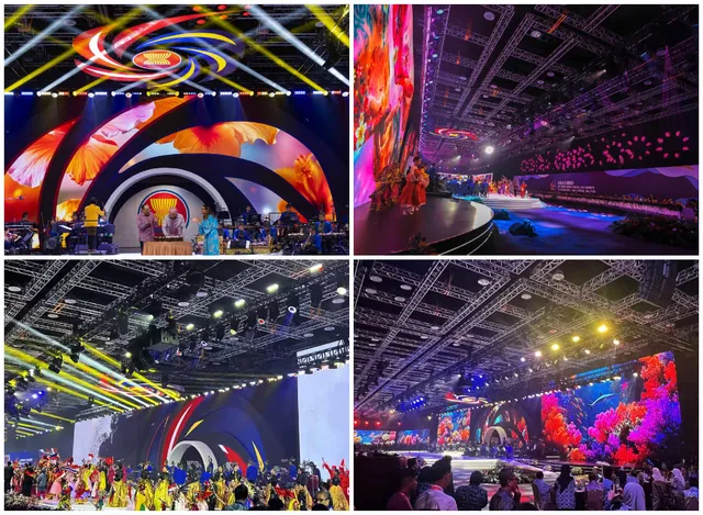 Panggung gala dinner KTT ASEAN ke-47 dengan dinding LED lebar menampilkan visual kenegaraan