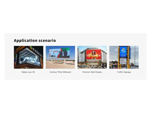 Kolase skenario aplikasi PTF — layar 3D sudut, pilar billboard, facade mal premium, dan signage lalu lintas