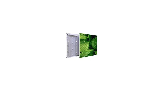 Render resmi kabinet PTF Series — tampak depan dengan konten dedaunan hijau dan tampak belakang aluminium