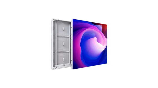 Render resmi LED display outdoor Fabulux Platinum Series — tampak depan dengan konten LED vivid dan tampak belakang kabinet